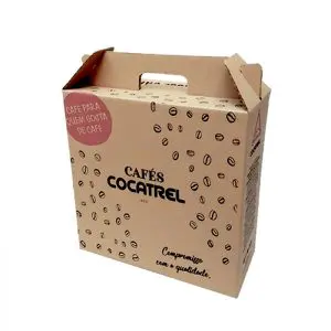 Caixa de papelão personalizada tipo cesta com alça 2 cores CAFÉS COCATREL